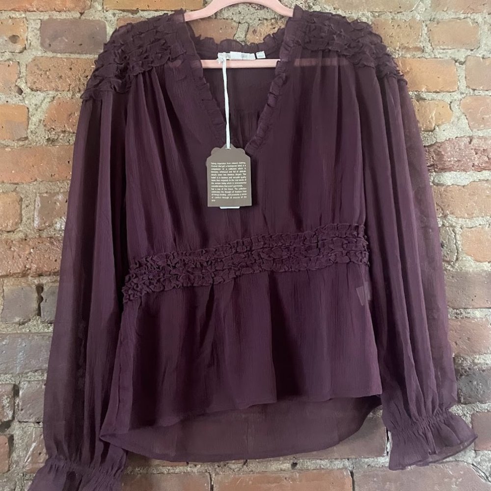 Anthropologie Draped Sheer Ruffled Blouse Size L Brand New With Tags